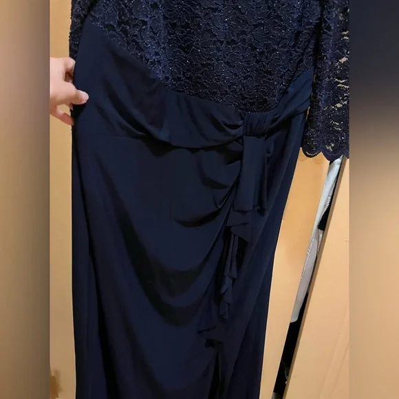 Marina evening formal dress. Cascade ruffle, lace sparkle bodice. Navy blue. 22 - Picture 7 of 16